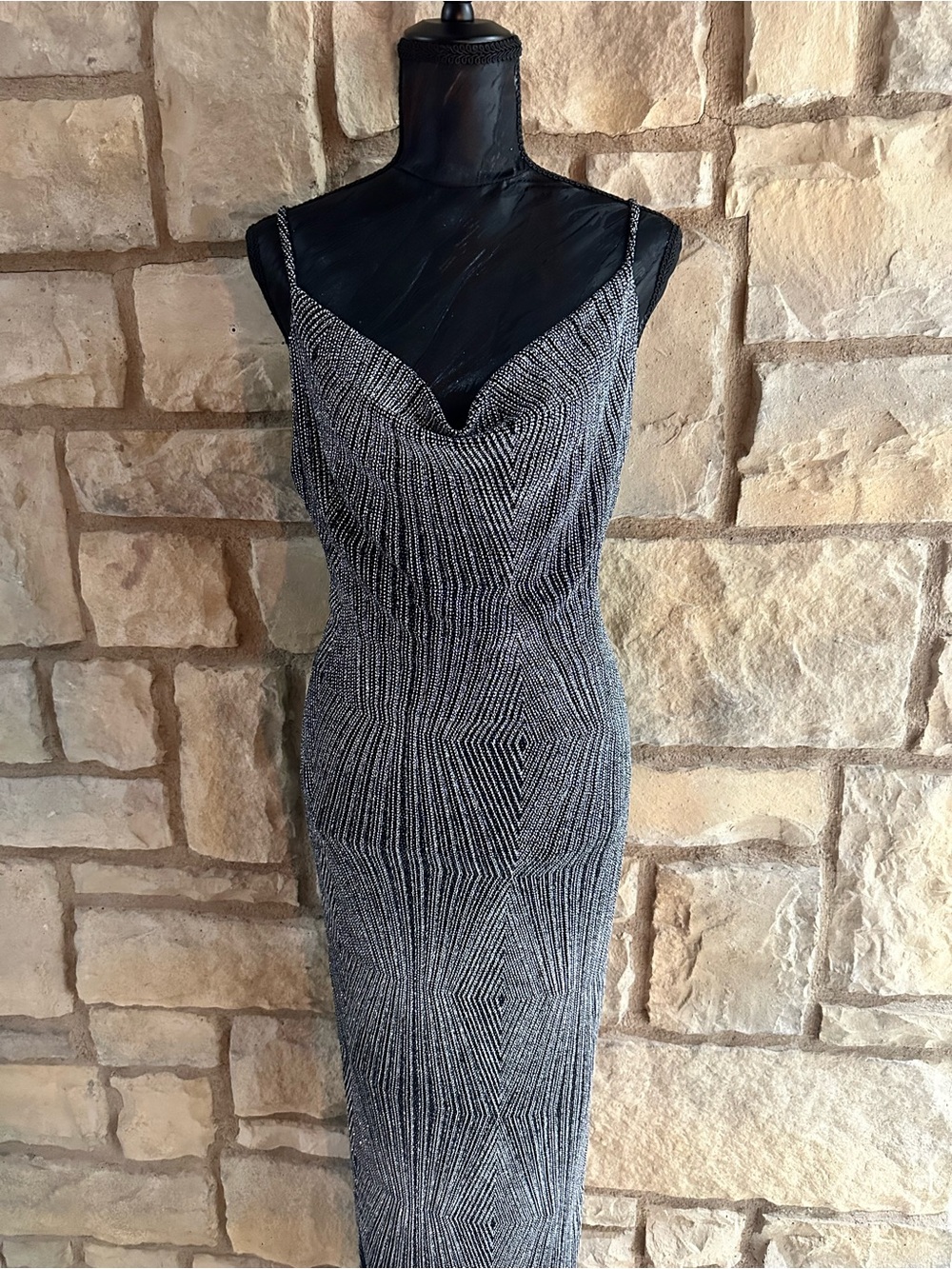 Metallic Black & Silver Spaghetti-Strap Evening Dress